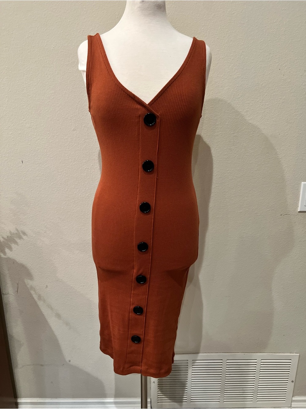 Forever 21 Rust Button-Front Ribbed Midi Dress